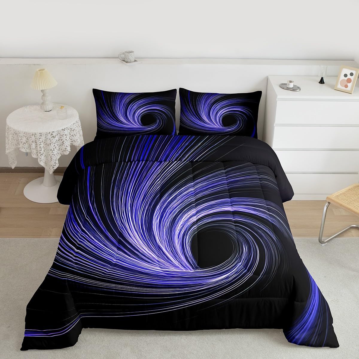 Erosebridal Blue Black Comforter Set King Modern Striped Circle Swirl Bedding Set Black Hole Abstract Geometric Comforter for Kids Boys Girls,Geometric Stripes Line Artwork Quilt Duvet
