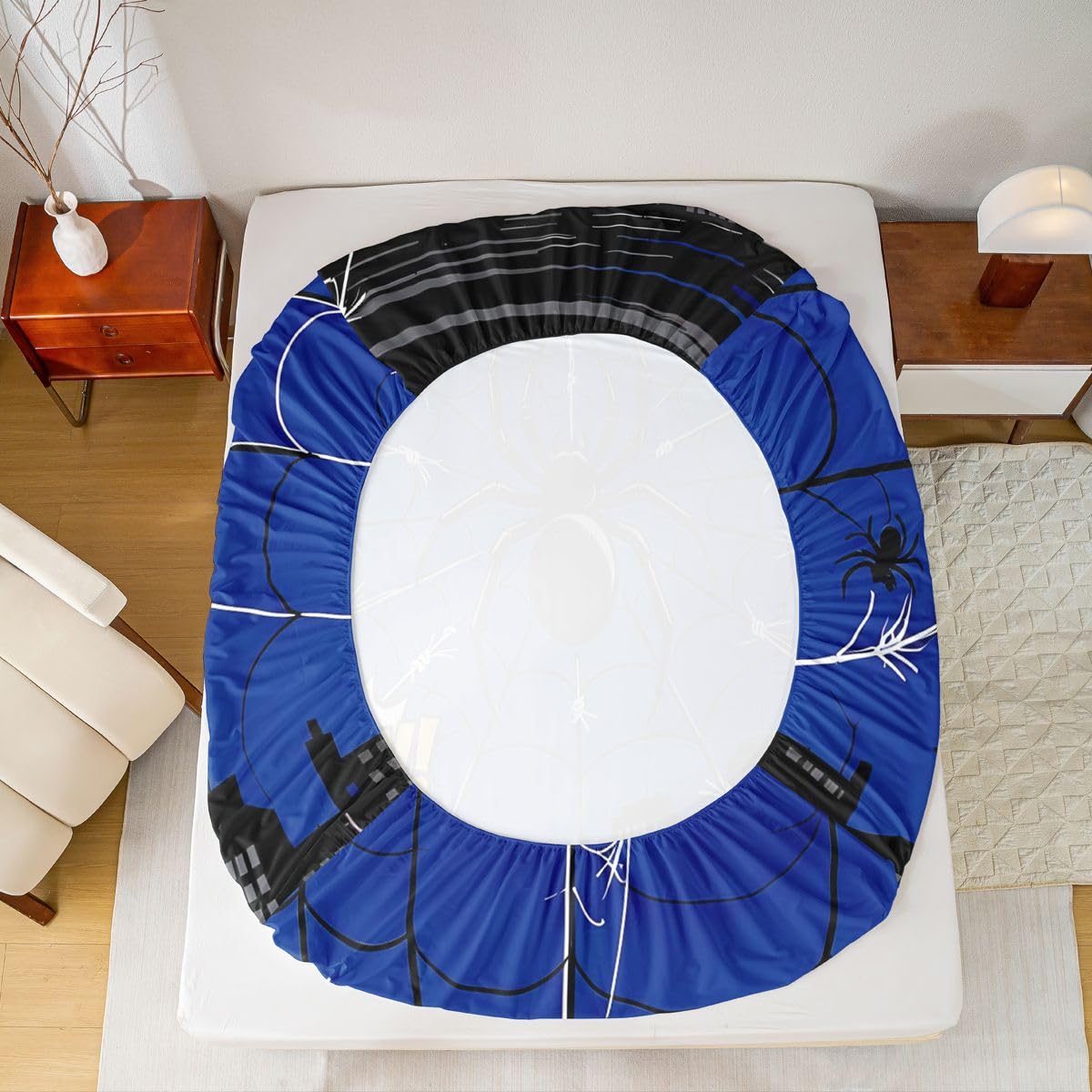 Black Spider Web Fitted Sheets Full Size (No Flat),Cartoon City Nightscape Bedding Set 3Pcs,Kids Teens Woman Room Decor,Anime Style Urban Bed Sheet Hero Themed Lover Deep Pocket Sheet,2 Pillowcases