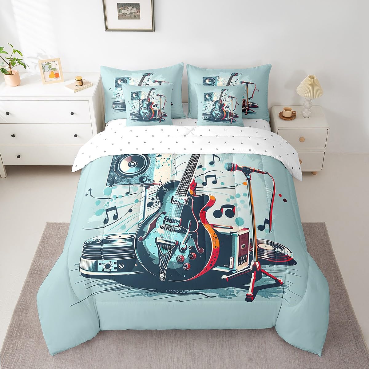 Erosebridal Music Bed in a Bag Twin Comforter Set 7 Piece,Chic Electric Guitar Audio Bedding Sets for Kids Boys Girls Teens Youth Rock Music Instrument Sheet Set with Comforter,Blue Black