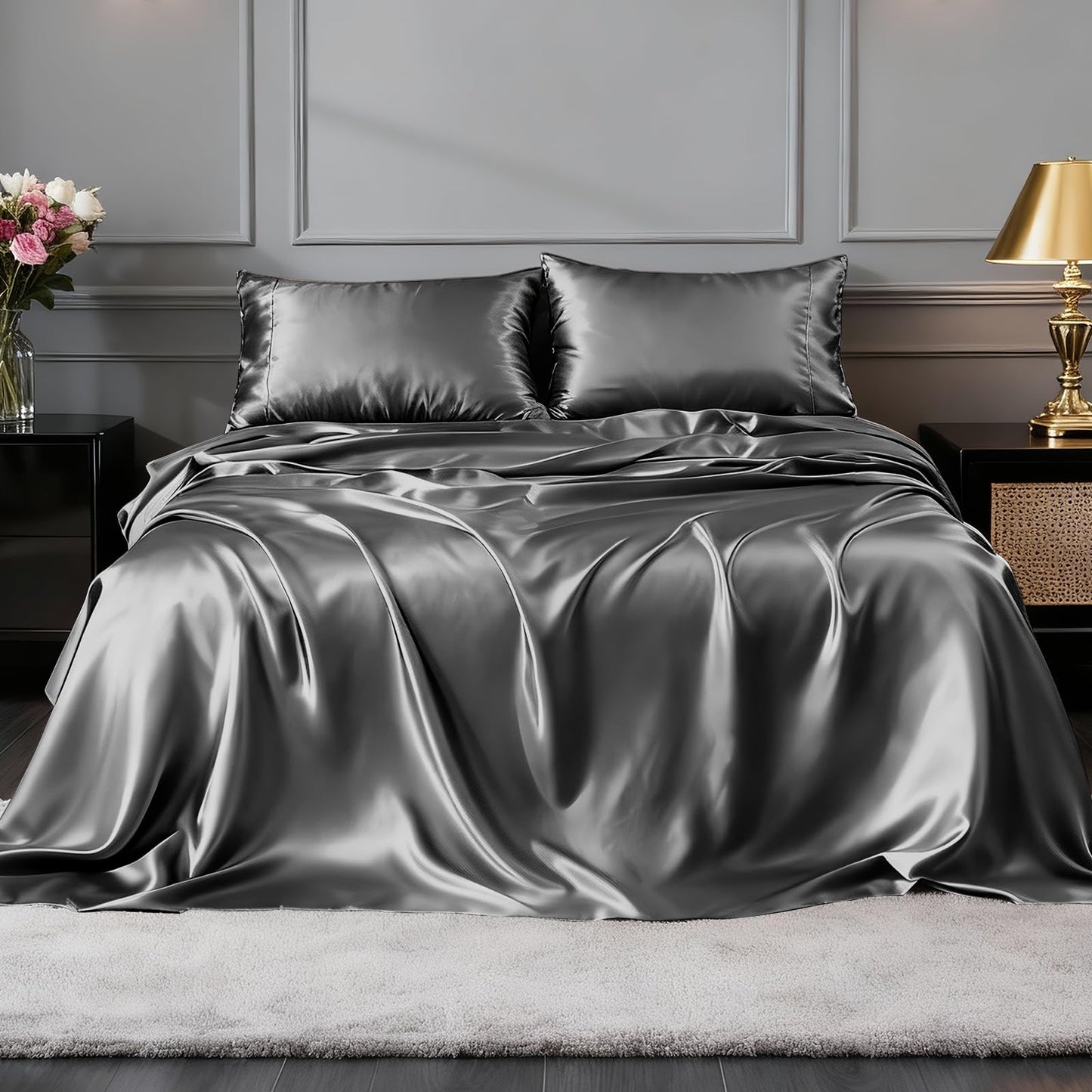 FreshCulture Satin Sheets Full Size - 4 Piece Luxury Soft Silky Full Size Bed Sheets, Similar to Silk Bed Sheet Set with 1 Deep Pocket Fitted Sheet, 1 Flat Sheet & 2 Pillowcases (Dark Grey)