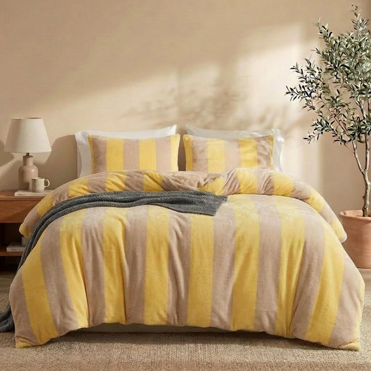 Bedbay Yellow Striped Comforter Set King Size Luxury Fleece Fluffy Comforter Set Plush Flannel Bedding Yellow Stripes Pattern Bed Set Soft Warm Velvet Bedding Comforter for All Seasons
