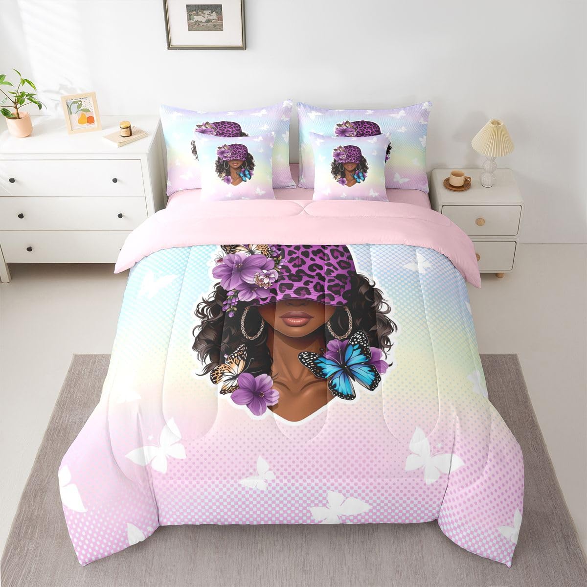 Erosebridal Y2K Black Girl Magic Twin Size Bedding Set Aesthetic Floral Butterfly 7 Pieces Comforter Set with Sheets for Women Purple Leopard Print Hat Bed in a Bag Pastel Gradient Polka Dot Bed Sets
