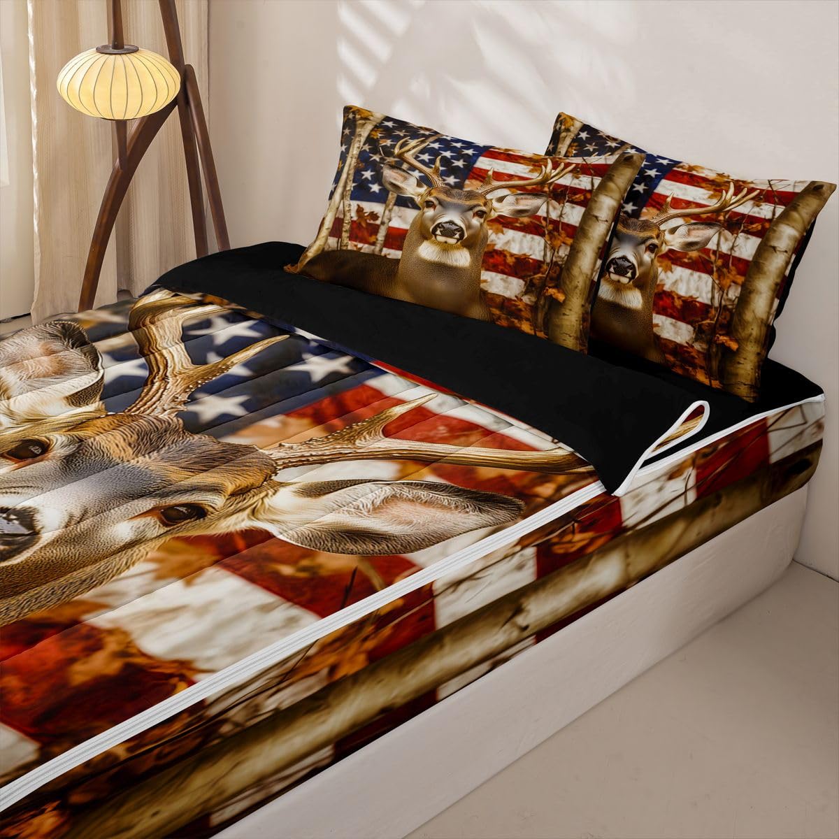 Feelyou American Flag Comforter Set Twin Size Zipper Bedding Set for Girls Boys Cute Deer Comforter with Fitted Sheet, Pillowcases Deer Hunting Zipper Bedding Soft Breathable Bed in a Bag