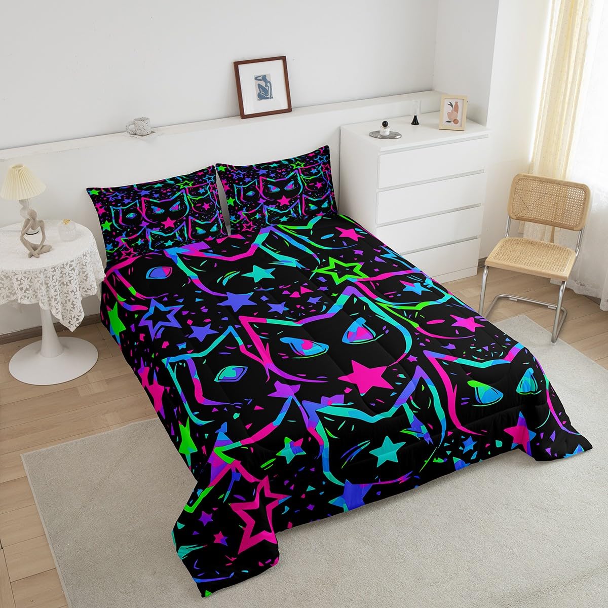 Erosebridal Cartoon Cat Bedding, Black Cat Comforter Set for Kids Girls Boys Teens, Ombre Glowing Neon Stars Down Comforter, Kawaii Kitten Duvet Insert, Gradient Galaxy Quilt, Queen