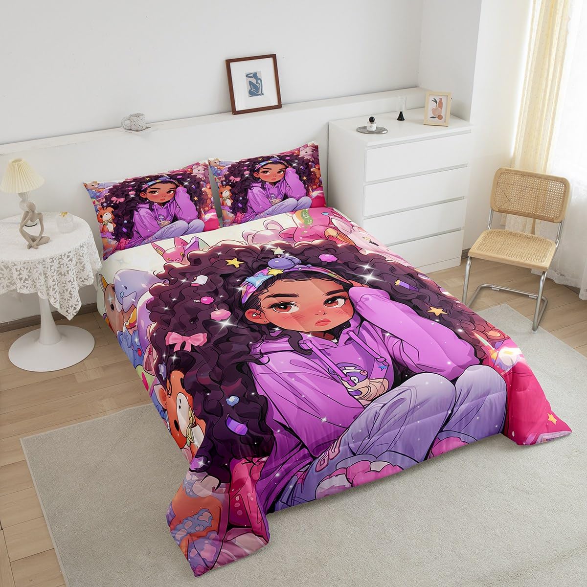 Erosebridal Black Girls Bedding Set Afro Girl Twin Comforter Set for Girls,American African Princess Magical Quilt for Toddler Kids Teenager,Kawaii Room Decor,Purple