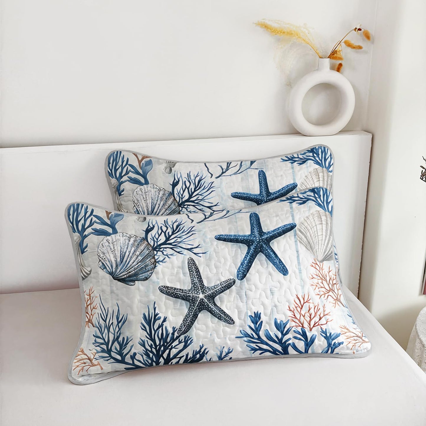 UEVBF Starfish Coastal Bedding Quilt Sets Queen Size,Summer Shell Blue Coral Nautical Bedding Quilt with 2 Pillowcases,Beach Themed Soft Lightweight Quilted Set.