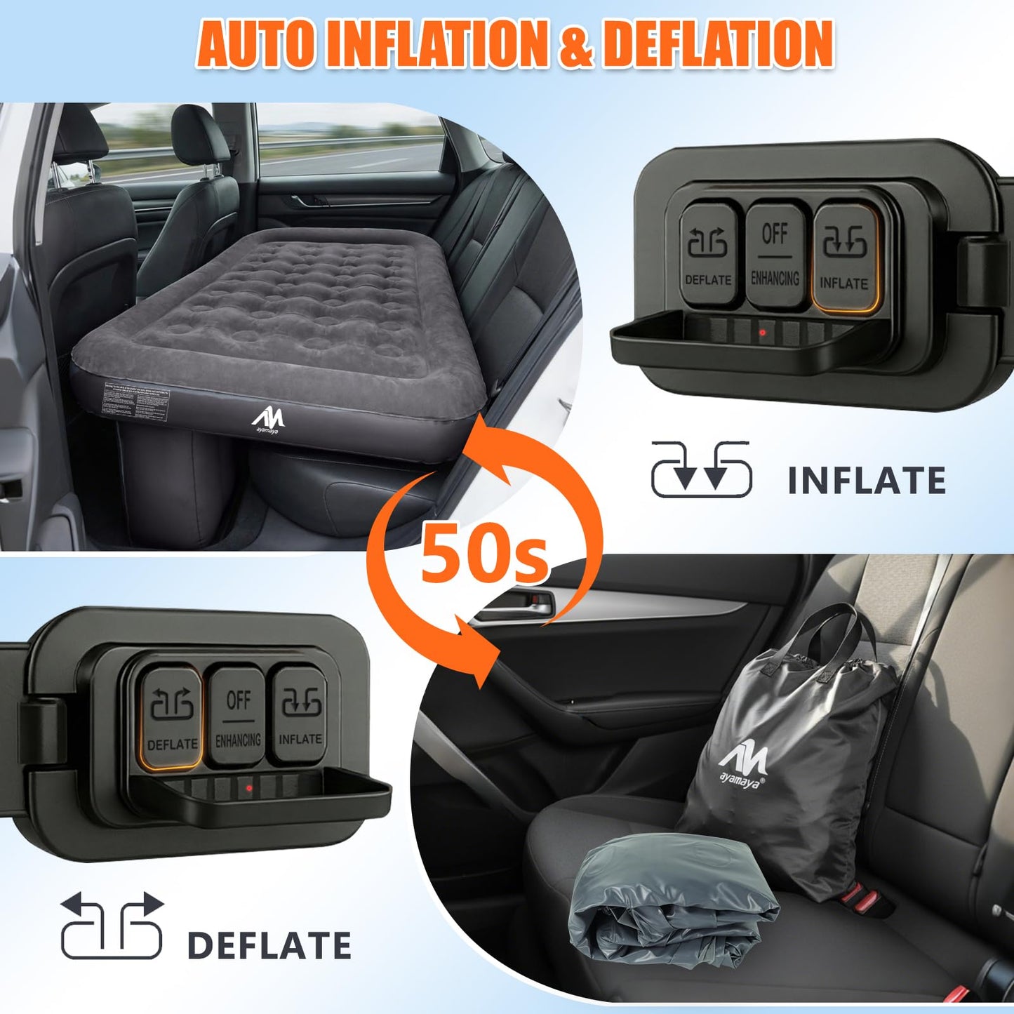 AYAMAYA Car Air Mattress Back Seat, Inflatable Car Bed with Built-in Cordless Rechargeable Air Pump for SUV, Sedan, All-in-One Car Mattress with Pillow & Support Column for Camping, Road Trip, Travel