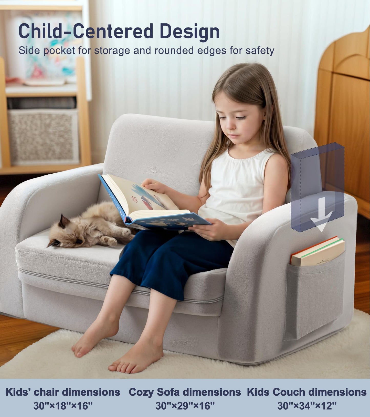 little dove 3-in-1 Extra Wide Convertible Kids Couch, Flip Open Kid Sofa, Machine-Washable Kid Couch for Girls, Kids Sofa for Fun Playtime, Gray