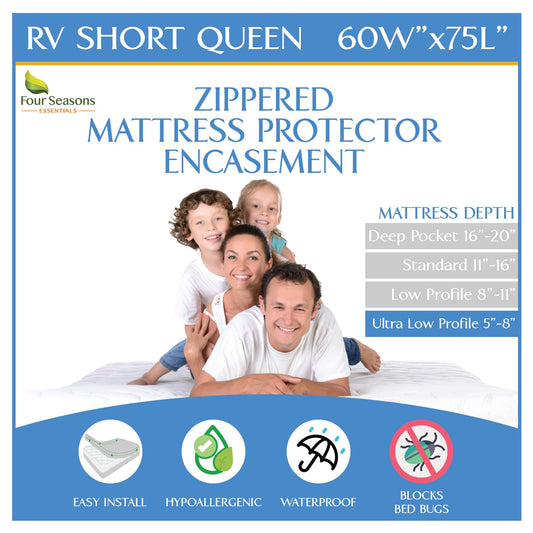 RV Short Queen Size Mattress or Box Spring Encasement (5" to 8" Depth) - Waterproof Zippered Protector Hypoallergenic Premium Bed Cover Protects from Dust Allergens