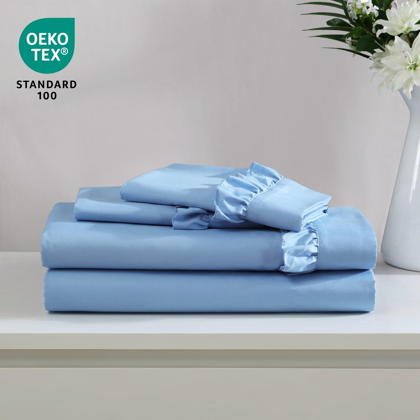 Swift Home Ultra-Soft Elegant 2-inch Ruffled Hem Design on Flat Sheet and Pillowcases, Wrinkle Resistant, Fade Resistant, Deep Pocket, Double Brushed 4-Piece Microfiber Sheet Set - King, Blue Bell