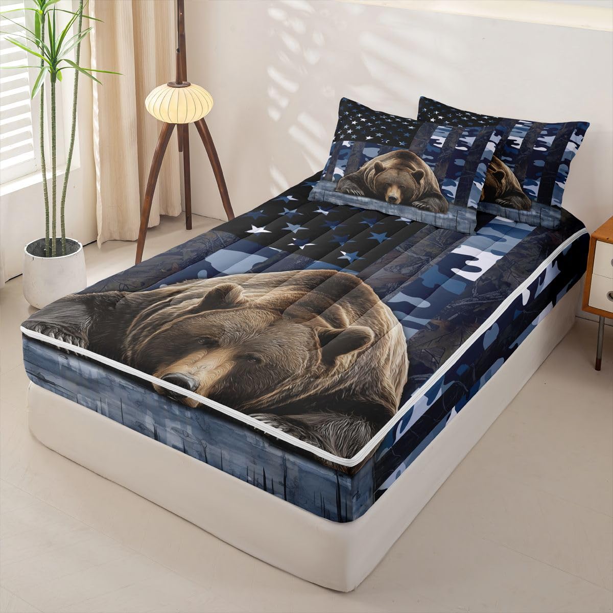 jejeloiu Bear Hunting Camo Zipper Bedding Twin Rustic Western Bear Bedding Sets for Kids Boys Girls American Flag Comforter Set with Fitted Sheet 2 Pillowcases One Zipper Bed Set for All Seasons