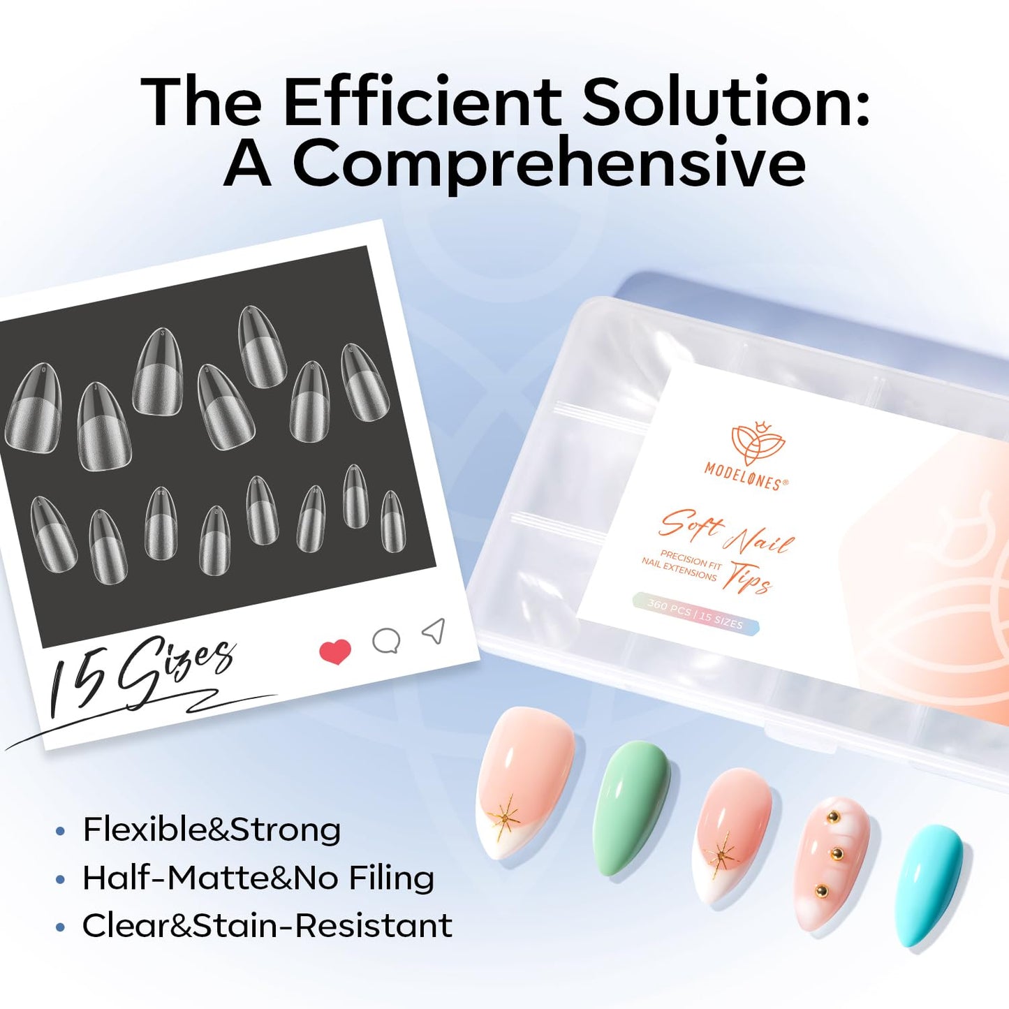 modelones Medium Almond Gel Nail Tips, 360pcs Pre-etched Clear Fake Nails Press On Full Cover Half Matte 15 Sizes Acrylic Gel Tips for Extension Salon