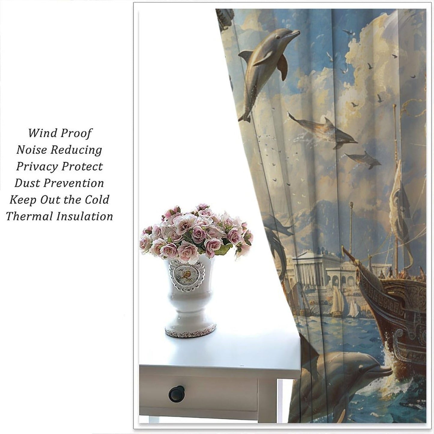 TOWINSFB Medieval Building Dolphin Blackout Curtains for Bedroom Living Room, Nautical Sailboat Seagull Ocean Thermal Insulated Room Darkening Curtain - 42" W x 45" L