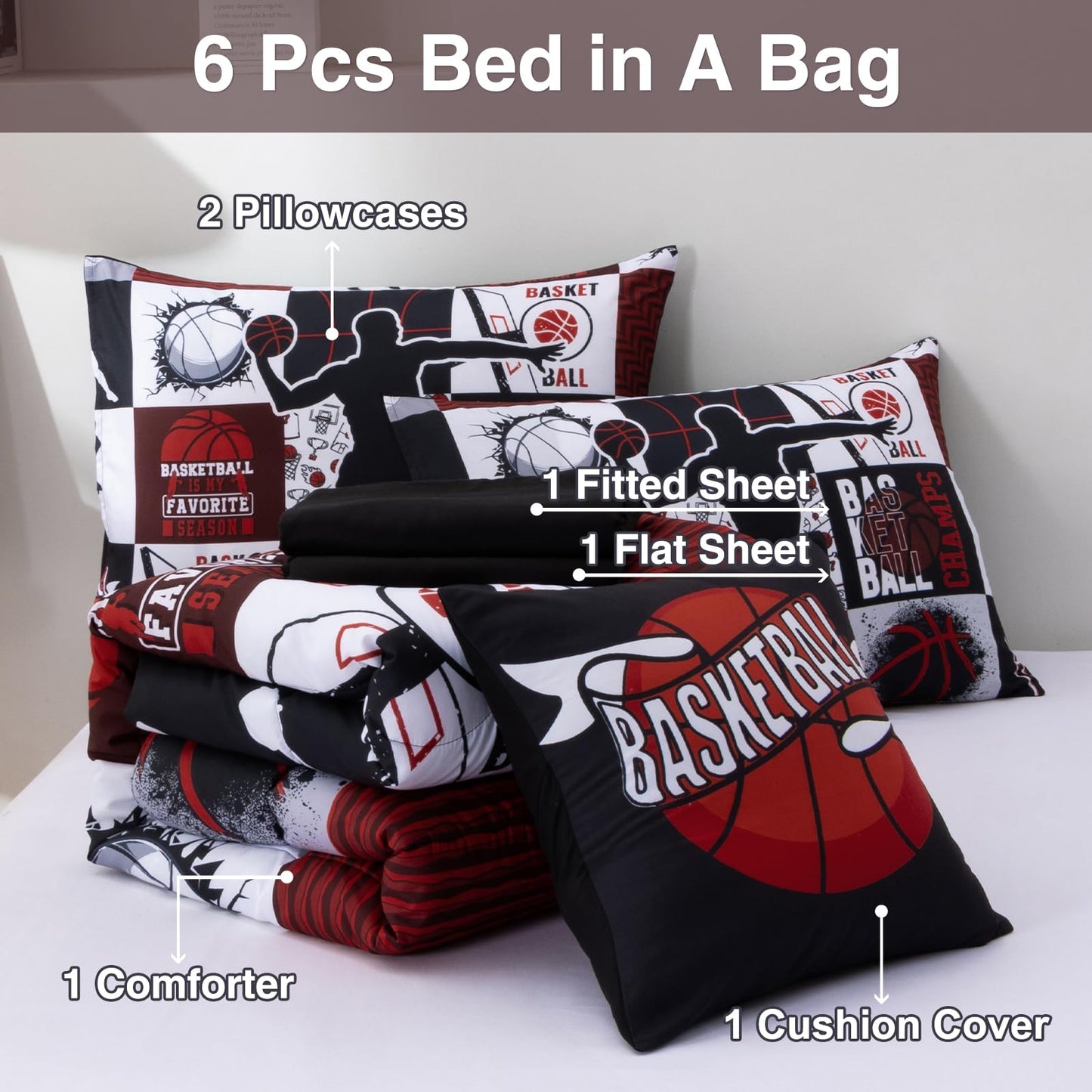 A Nice Night Sports Geometric Grid Baseketabll Patchwork Baskeball Printed for Boys Twin 6Pcs Bed in A Bag Comforter Bedding Set,Red