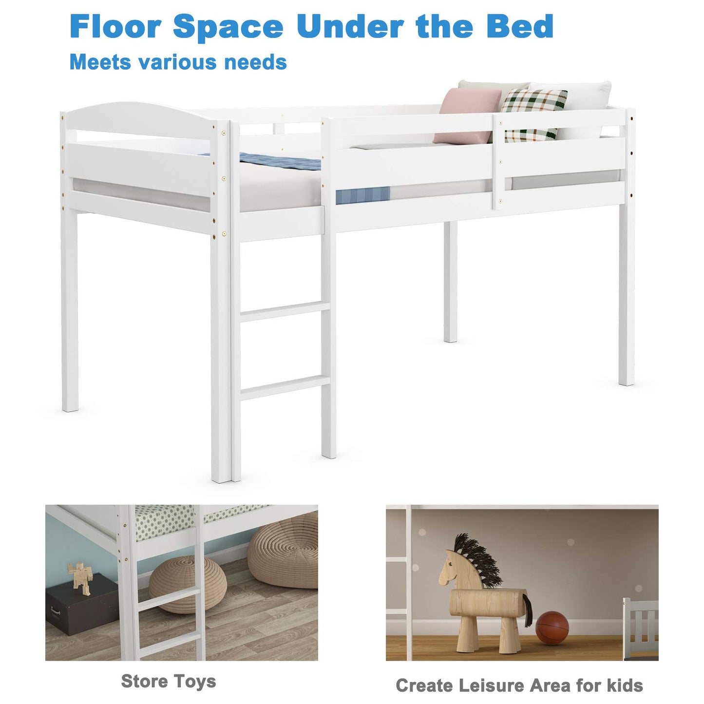 Costzon Twin Loft Bed, Solid Wood Low Loft Bed w/Guard Rail and Ladder, Boys & Girls Twin Bed for Kids Room, No Box Spring Needed, Classic Children Low Loft Bed with Storage for Bedroom, White