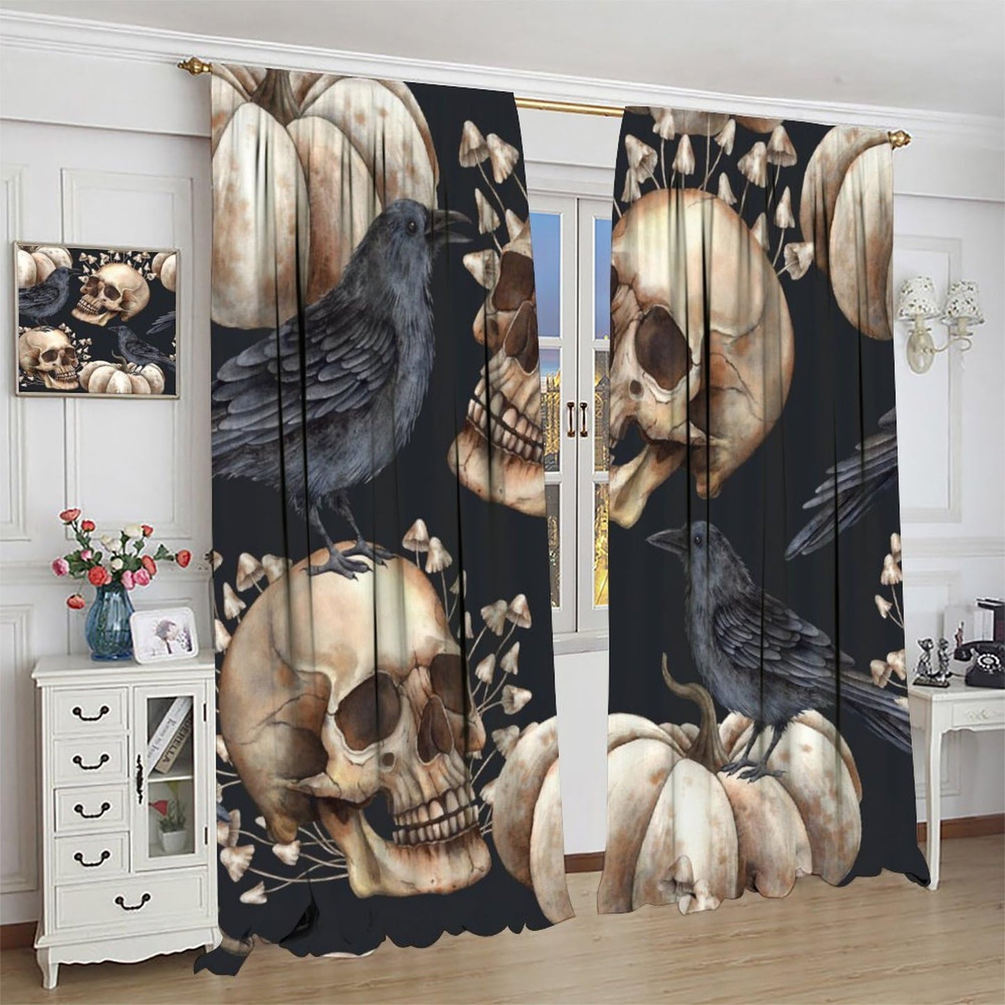 HZOHNAGO Gothic Crow Curtains Skull Mushroom Pattern Blackout Print Rod Pocket Window Drapes for Bedroom Living Room 42x45in