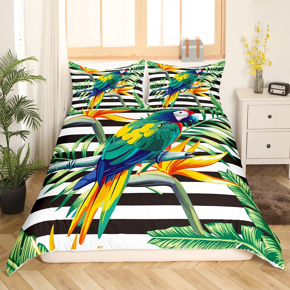 Tropical Tree Duvet Cover King,Black White Stripe Bedding Set Green Plant Palm Leaves Quilt Cover Bird Parrot Animal Comforter Cover,Botanical Yellow Floral Bed Cover with 2 Pillow Shams