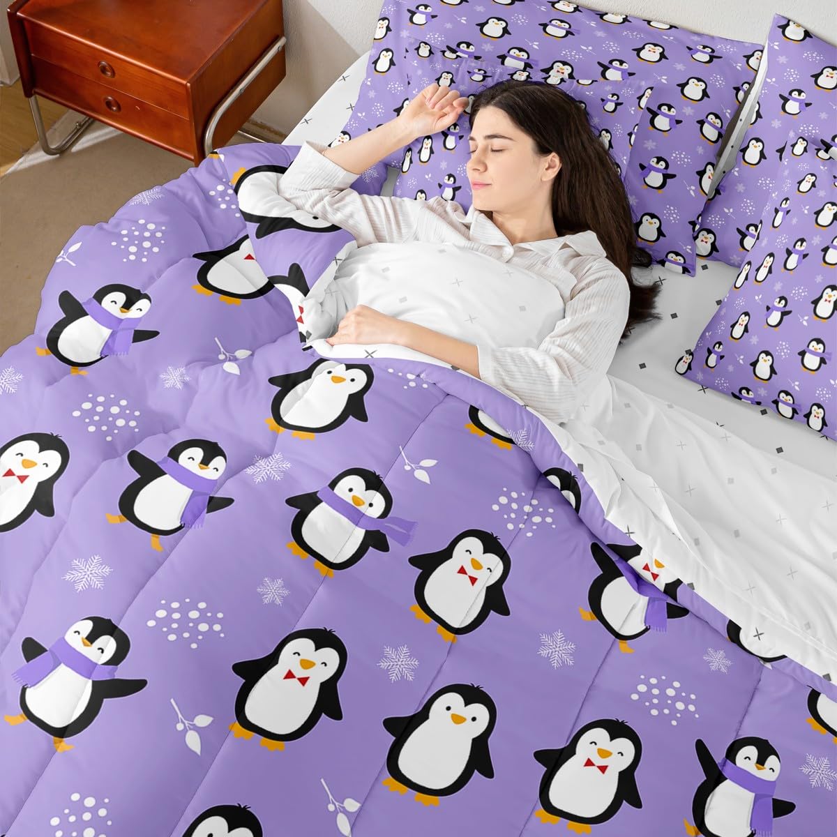 Erosebridal Penguin 7 Piece Bedding Set King Kawaii Kids Comforter Set with Sheets Antarctic Animal Bed in A Bag Cartoon Cute Winter Snowflake Bed Sets