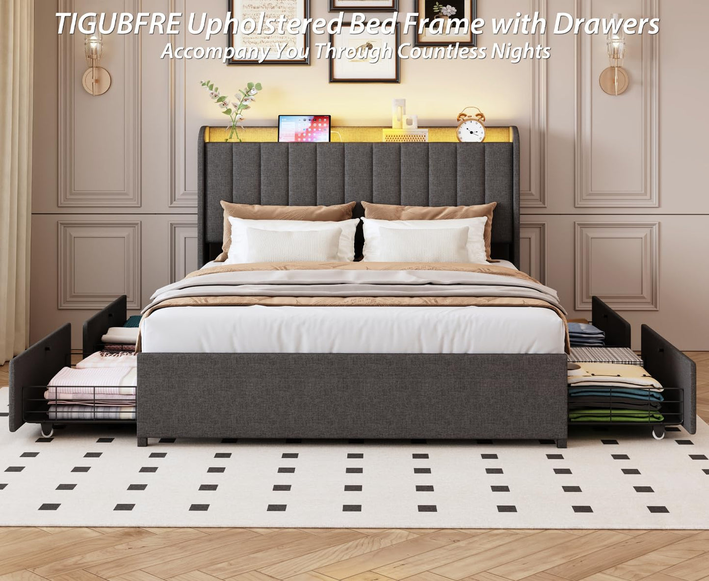 Full Bed Frame with 4 Drawers and Storage Headboard, Upholstered Platform Bed Frame Full Size with Led Lights and Handy Charging Station, No Box Spring Needed, Easy Assembly, Noise Free, Gray