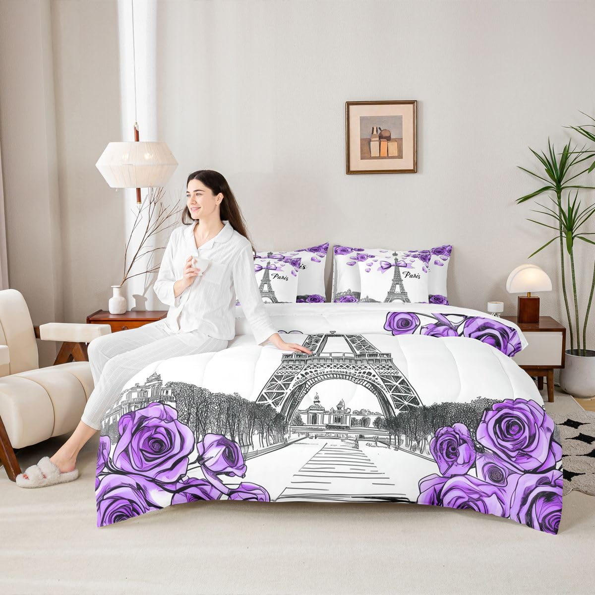 Erosebridal Bow Decor 7 Piece Bedding Set Twin Size Eiffel Tower Bed in A Bag for Kids Girls Rose Floral Comforter with Sheets Preppy Princess Bed Sets