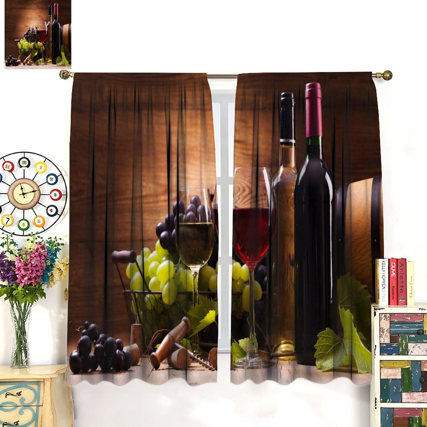 BenYaSong Wine Decor Window Curtains, Glasses of Red and White Wine Served with Grapes French Gourmet Tasting for Home Kitchen Livingroom Coffee Room Window Curtain Drapes 2 Panels 42x45 Inch