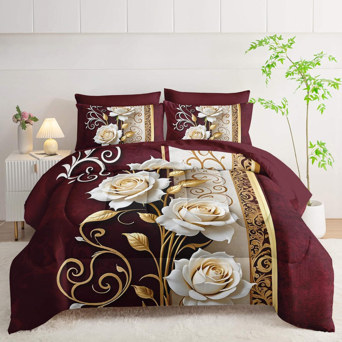 lneffble Red and White Floral Comforter Set Queen Size 7 Piece，Rose Queen Bedding Set，(1 Comforter, 1 Flat Sheet, 1 Fitted Sheet, 2 Pillowcase and 2 Pillow Sham)，White Rose Bedroom Decor