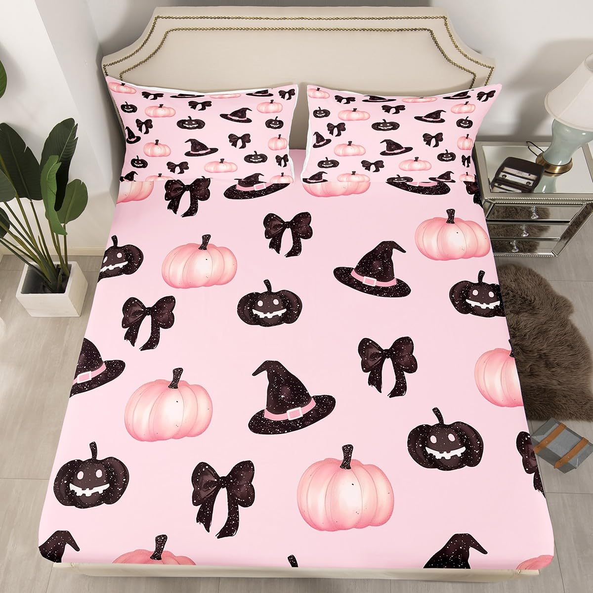 Feelyou Pink Halloween Bed Sheets Sets Full Size Kids Boys Girls Black Bowknot Bedding Set Halloween Decor Bed Sheet Set with 16-Inch Deep Pockets Trick or Treat 4Pcs with 2 Pillow Cases