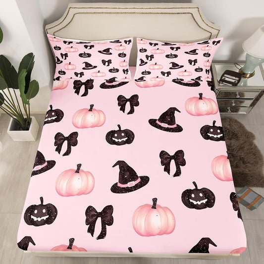 Feelyou Pink Halloween Fitted Sheet Full Size for Kids Boys Girls Black Bowknot Bed Sheets Set 16" Deep Pocket Microfiber Halloween Decor Bedding with 2 Pillowcases Trick or Treat Room Decor