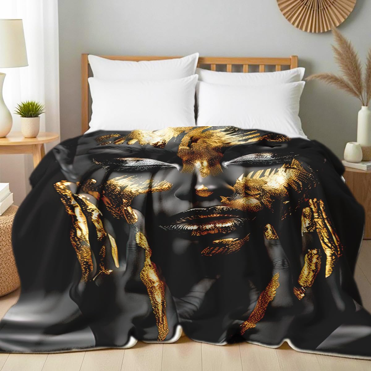 HUNXIAOJ African American Woman Blanket Throw Black Gold Print Flannel Blanket Gifts for Girls Female Women African American Couch Bed Living Room Home Decor 49"x59"