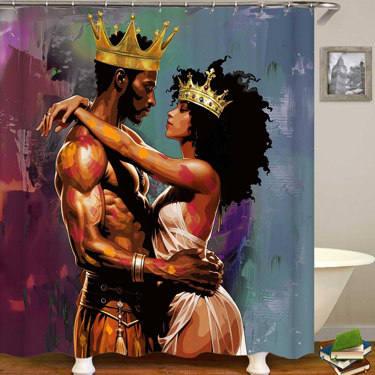 OLEBETY 4PCS African American Shower Curtain Sets with Rugs, Black King Queen Shower Curtain, Oil Painting Art Romantic Lovers Luxury Gold Crown Anniversary Black Women Men Afro Couple Bathroom Decor