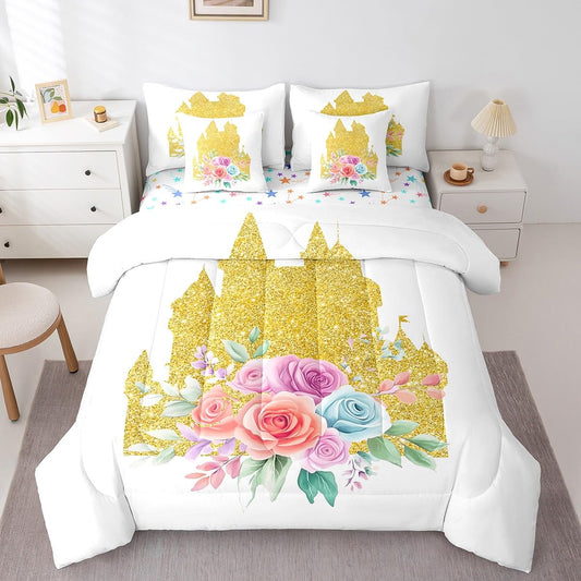 jejeloiu Golden Castle Comforter Set with Sheets Queen Size Kids Glitter Rose Floral 7 Pieces Bedding Set for Boys Girls Teens Dreamy Princess Decor Bed in a Bag Breathable Magic Bedroom Decor