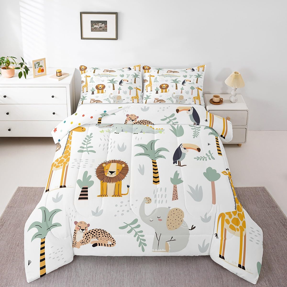 Feelyou Zoo Animal Bedding Set Cute Animal Comforter Set Wildlife Comforter for Women Men Room Decor Cute Giraffe Duvet Set King Size with 2 Pillow Case