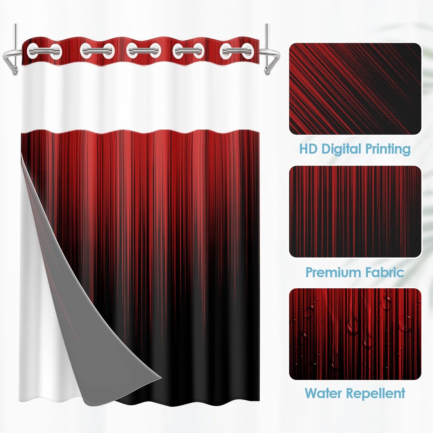 Nesphy No Hook Red and Black Ombre Shower Curtain with Snap in Fabric Liner Set, Simple Artistic Aesthetic Double Layers Waterproof Fabric with See Through Top Window Open Grommet Curtain 71x74 Inch