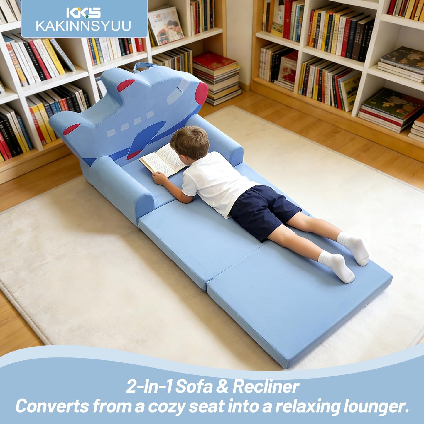 KKS KAKINNSYUU Toddler Couch 2 in 1 Flip-Out Kids Couch, Fold Out Foam Kids Sofa with Soft Washable Cover, Airplane Design for Playroom