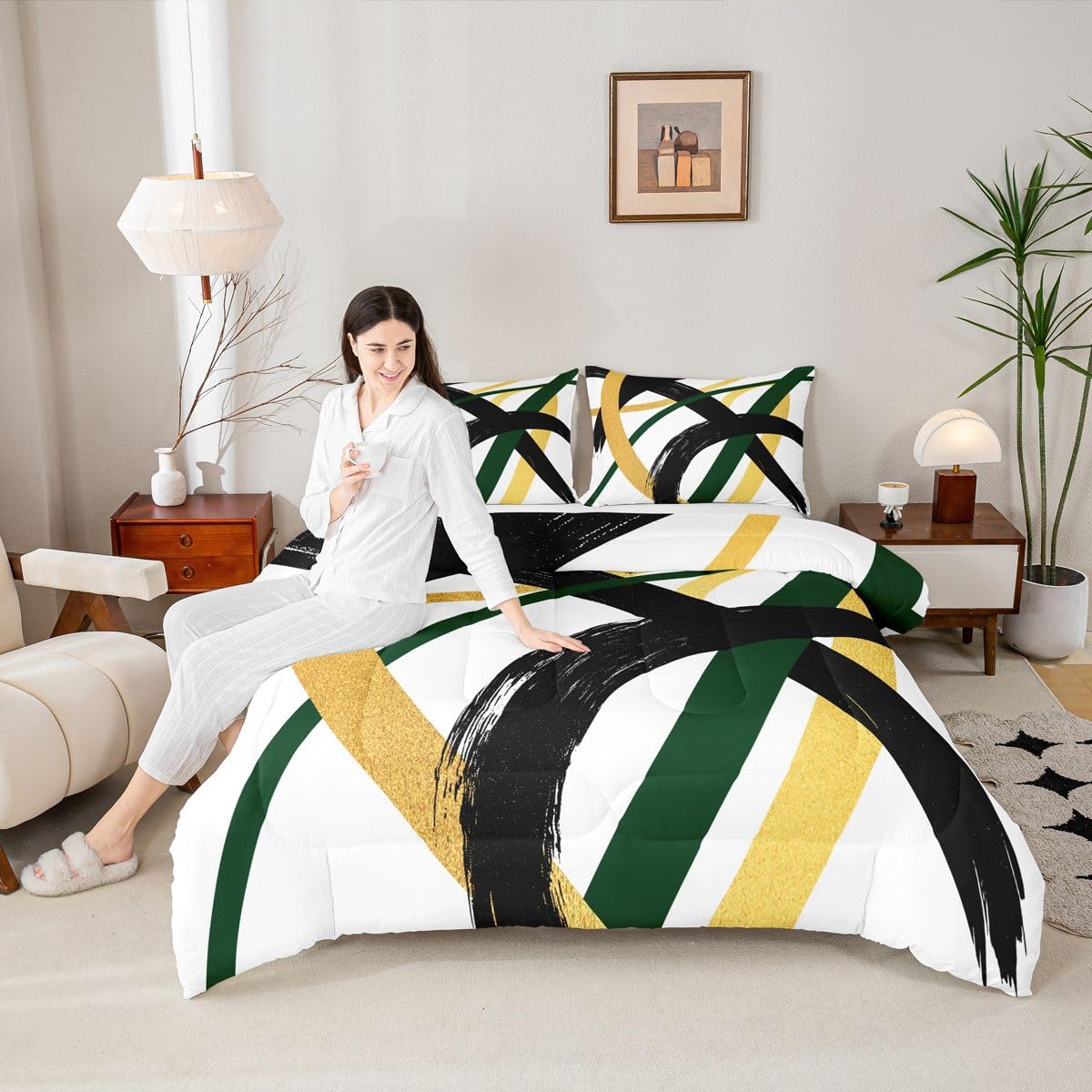 Feelyou Black Gold Green Comforter Set All Season Modern Abstract Geometric Bedding Set with 2 Pillow Cases Minimalist Neutral Microfiber Kids Queen Duvet Quilt Breathable Soft Lightweight
