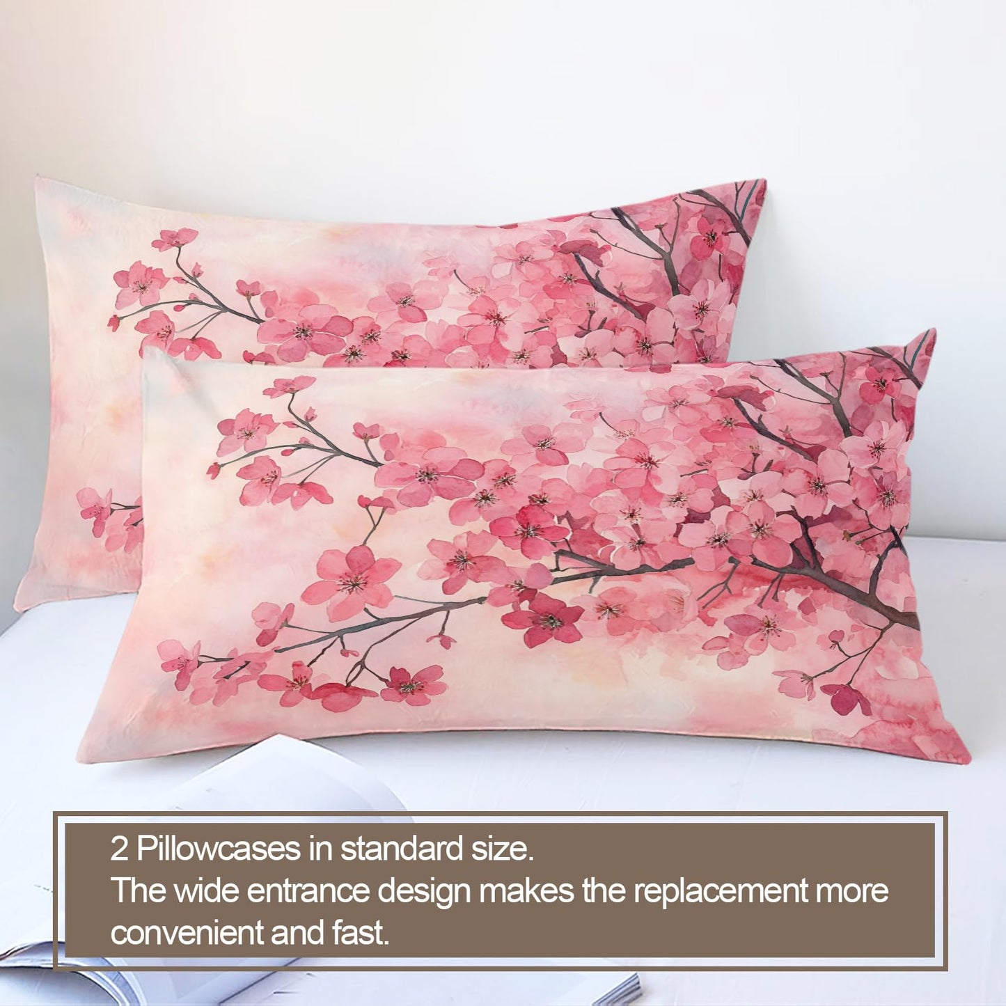 PAISUOQ Cherry Blossom Duvet Cover King, Japanese Florals Comforter Cover with Zipper Ties, Pink Flowers Bedding Set, 3 Pieces with 2 Pillow Cases, Home Decor & Gifts