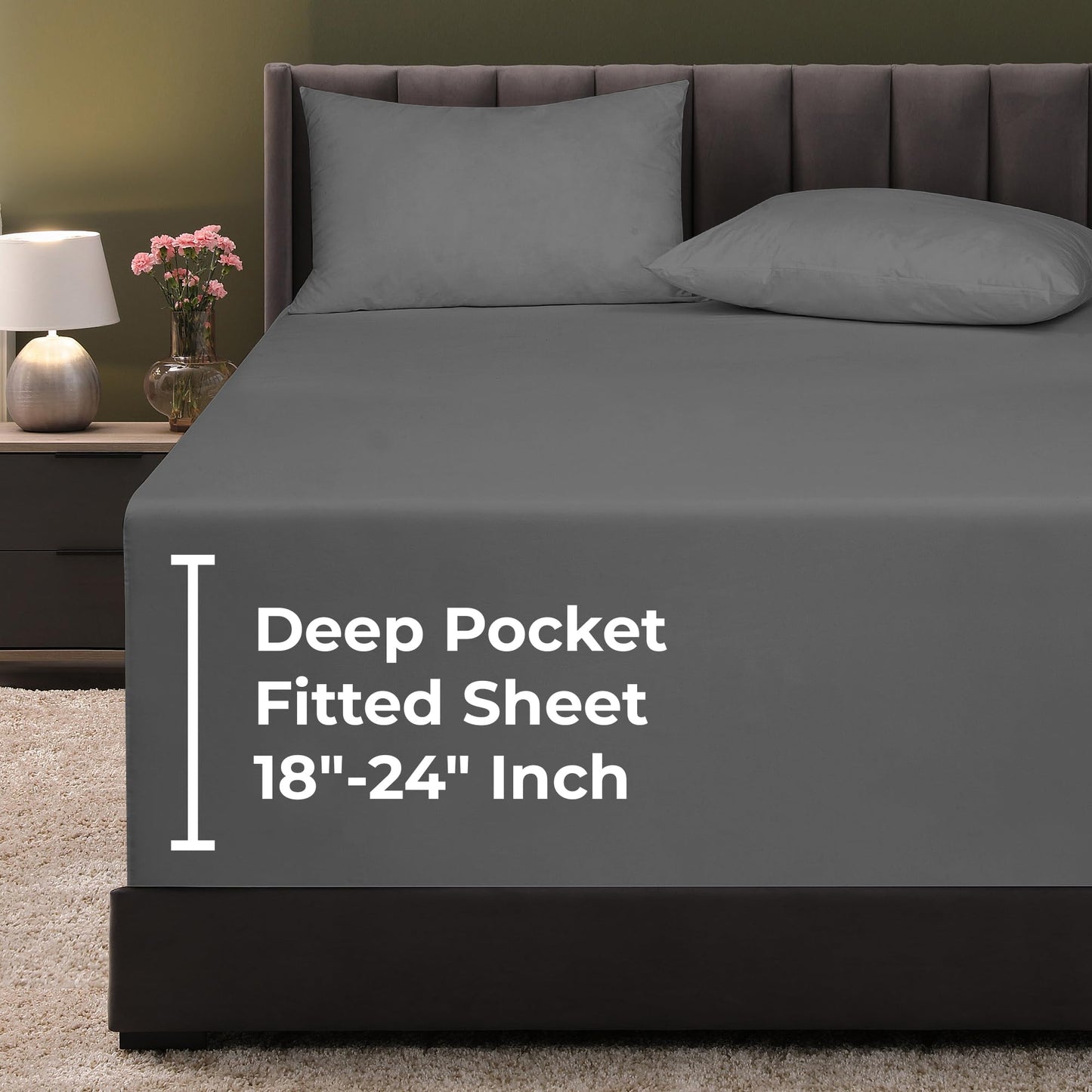 Royale Linens Extra Deep Pocket Full Fitted Sheet Only - Full Size Deep Pocket Grey Fitted Sheet - Fits 18 inch to 24 inch Thick Mattress - Soft & Breathable Elastic Sheets (54x75 Inches, Grey)