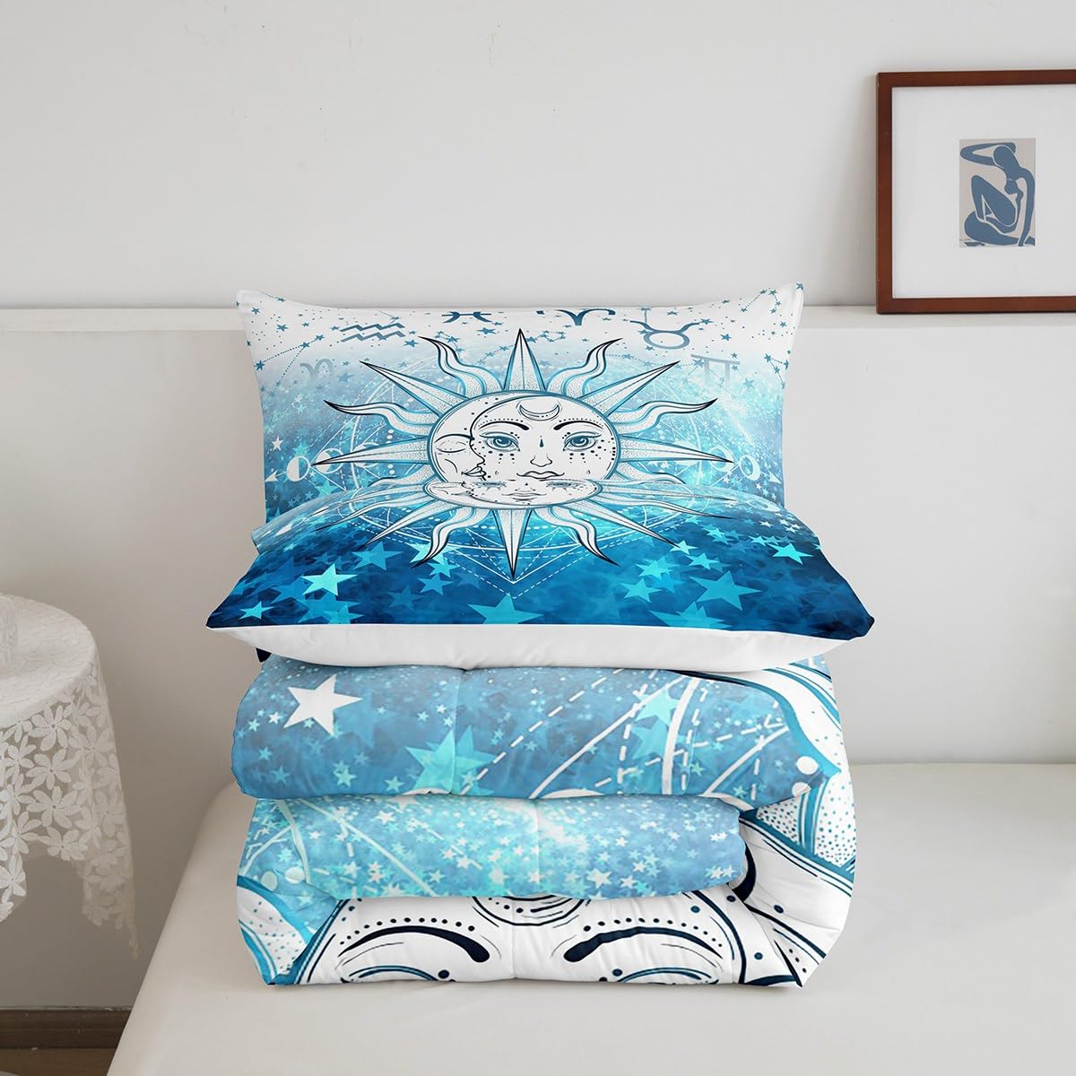 Manfei Sun and Moon Comforter Set Twin Size Blue Stars Print Bedding Set 2pcs for Kids Boys Girls Room Decor, Outer Space Galaxy Theme Quilt Set Boho Exotic Duvet Insert with 1 Pillowcase