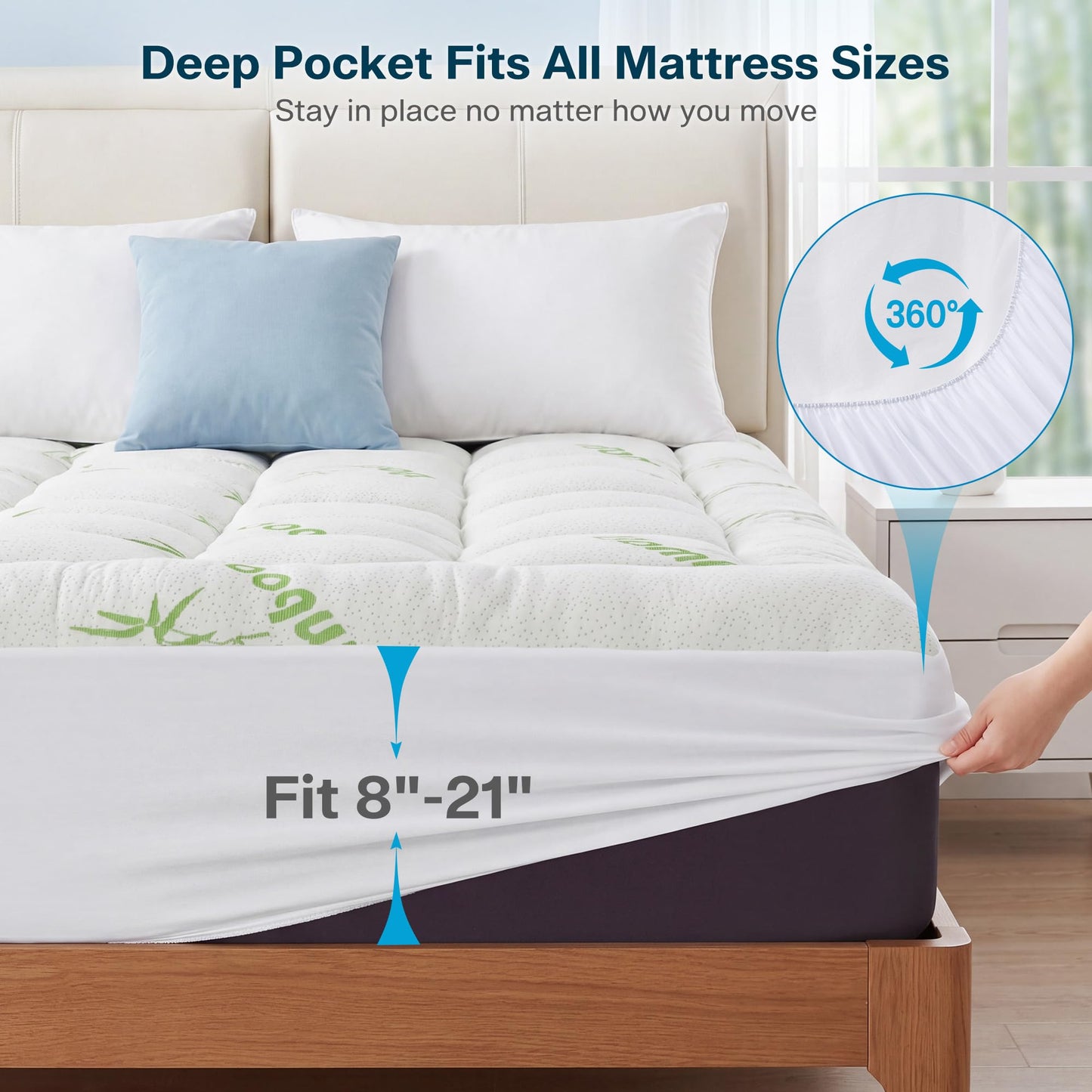 Waterproof Full Size Mattress Topper Viscose Derived from Bamboo,Extra Thick Mattress Pad for Back Pain, Cooling Mattress Topper with Deep Pocket 8"-21",Green,Full
