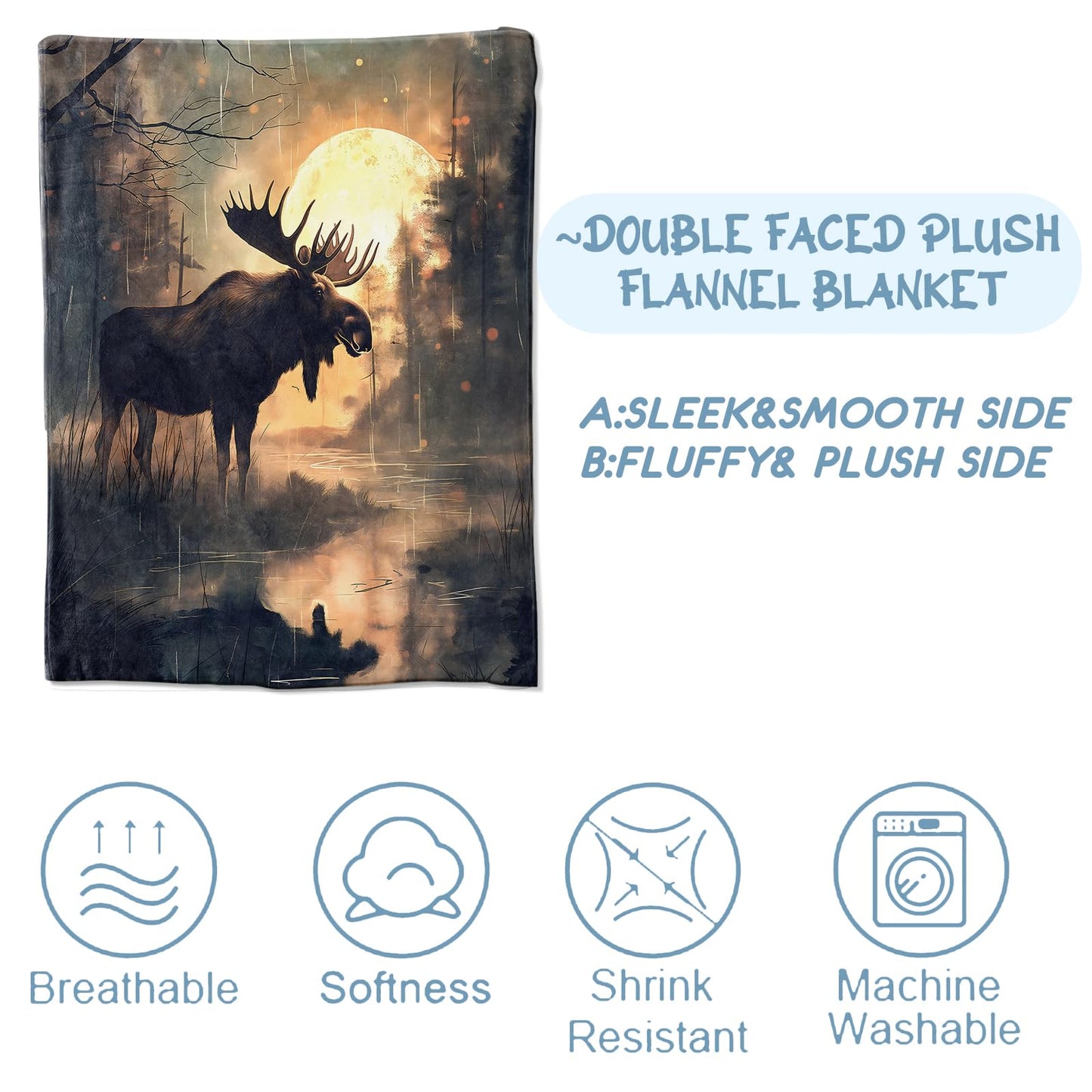 Zeleda Moose Blanket,Gifts for Nature Lovers,Lightweight Flannel Throw Blankets,Majestic Wildlife in Mystical Forest Throws Home Decor,for Couch Living Room Office,60x50inch