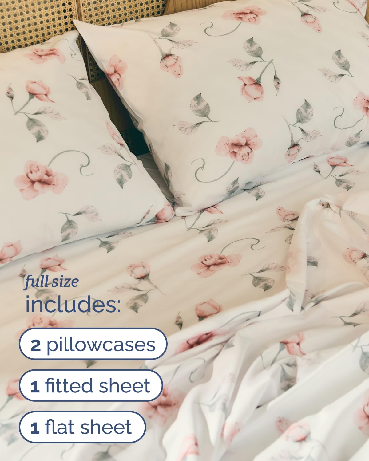 Floral Sheets - Floral Rose Bed Sheet Set - 1 Flat, 1 Fitted & 2 Pillowcases w/ Deep Pockets - Comfy, Wrinkle & Fade-Free - Boho Botanical Bedding - Ultra-Soft, Breathable & Cooling - Full Size Set