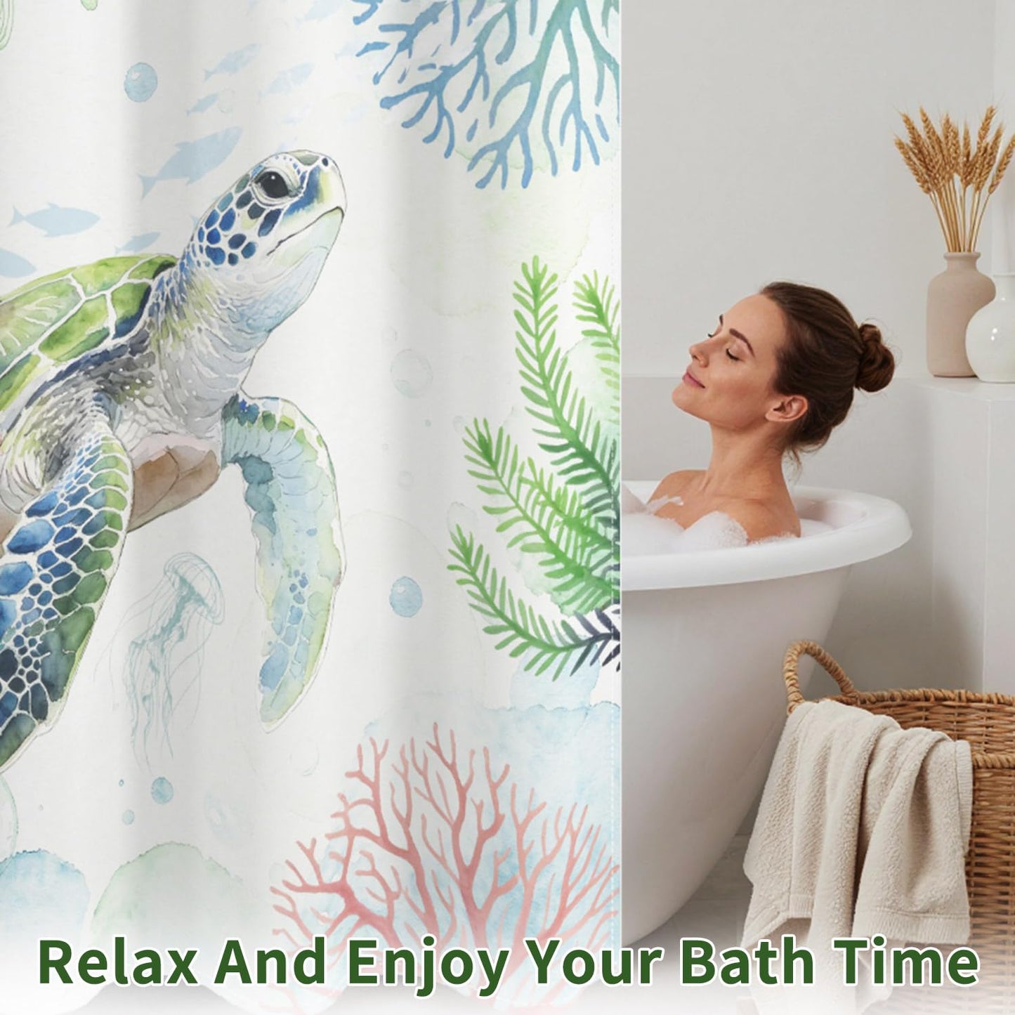 Snap On Shower Curtain Set 71x74 Inch, Hookless 2-in-1 Waterproof Curtain with Liner, Easy Install No Rings Needed, Beautiful Green Sea Turtle Underwater Scene, Durable Polyester Fabric