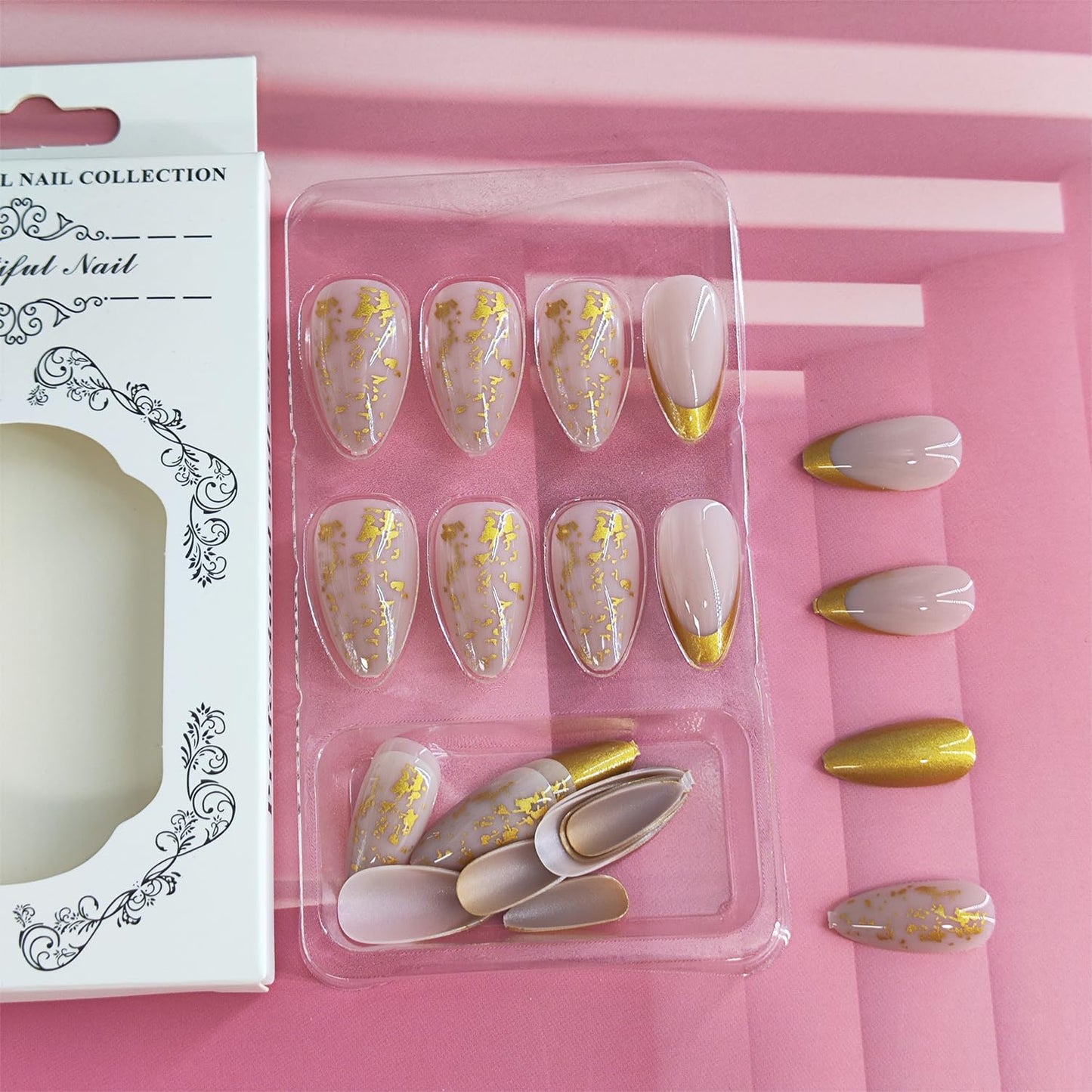 Gold Bow French Tip Press on Nails Medium Almond Fake Nails with Designs Glossy Full Cover Stick on False Nail Set for Women 24 Pcs