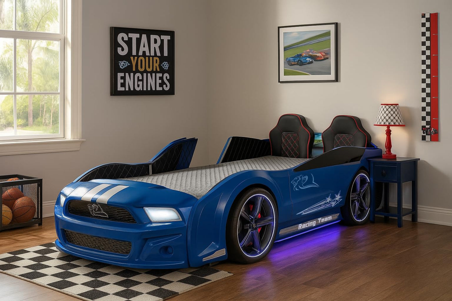 Luxury Race Car Bed for Kids – LED Lights, Sports Car Design, Sound Effects, Twin, Ergonomic & Comfortable Sleeping Experience (Blue)