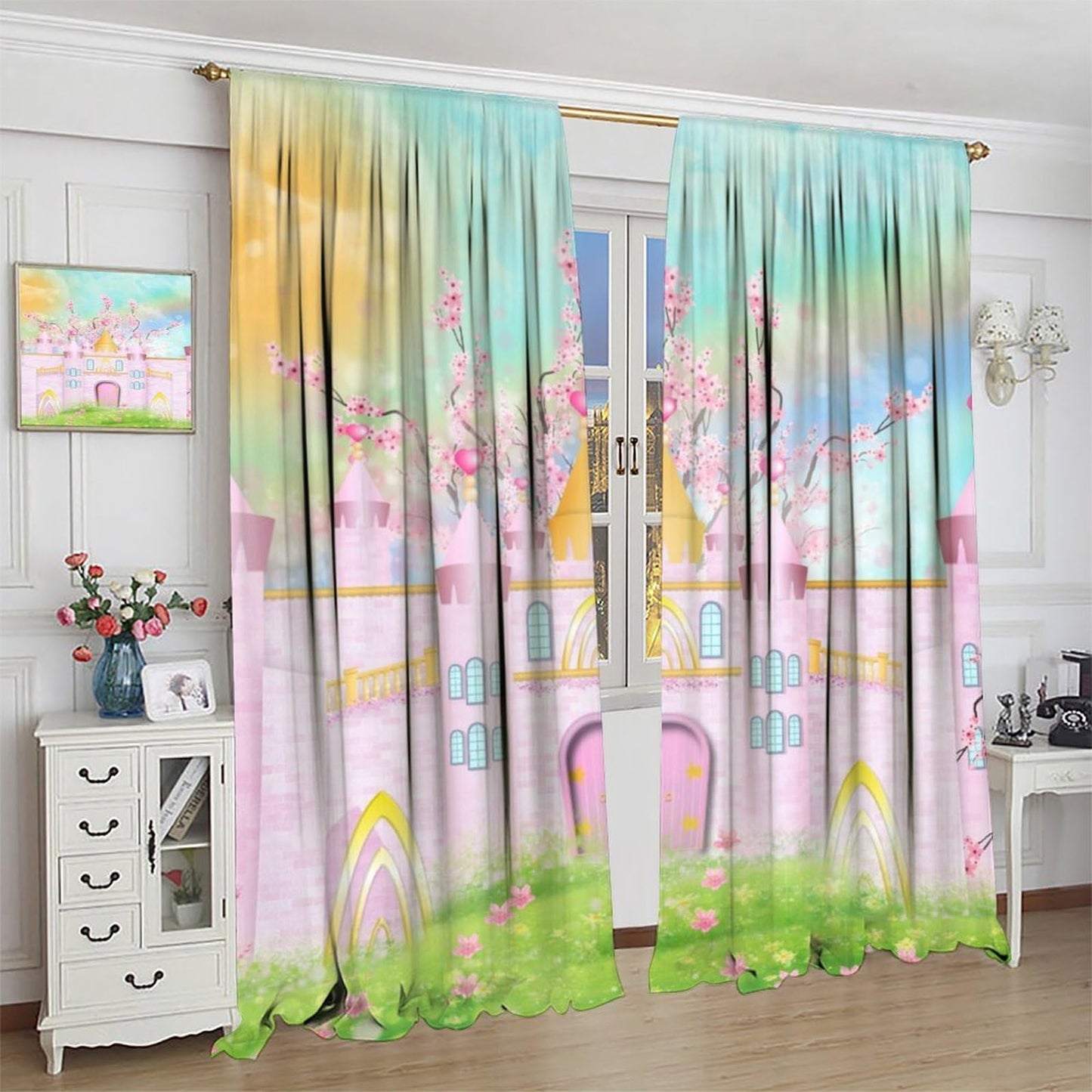 Pink Castle Curtains For Kids bedroom Cartoon Rainbow Pink Castle Pattern Rod Pocket Window Treatments For Girls Children Bedroom Nursery Living Room 2 Panels Set 41x 45 in （No Blackout）