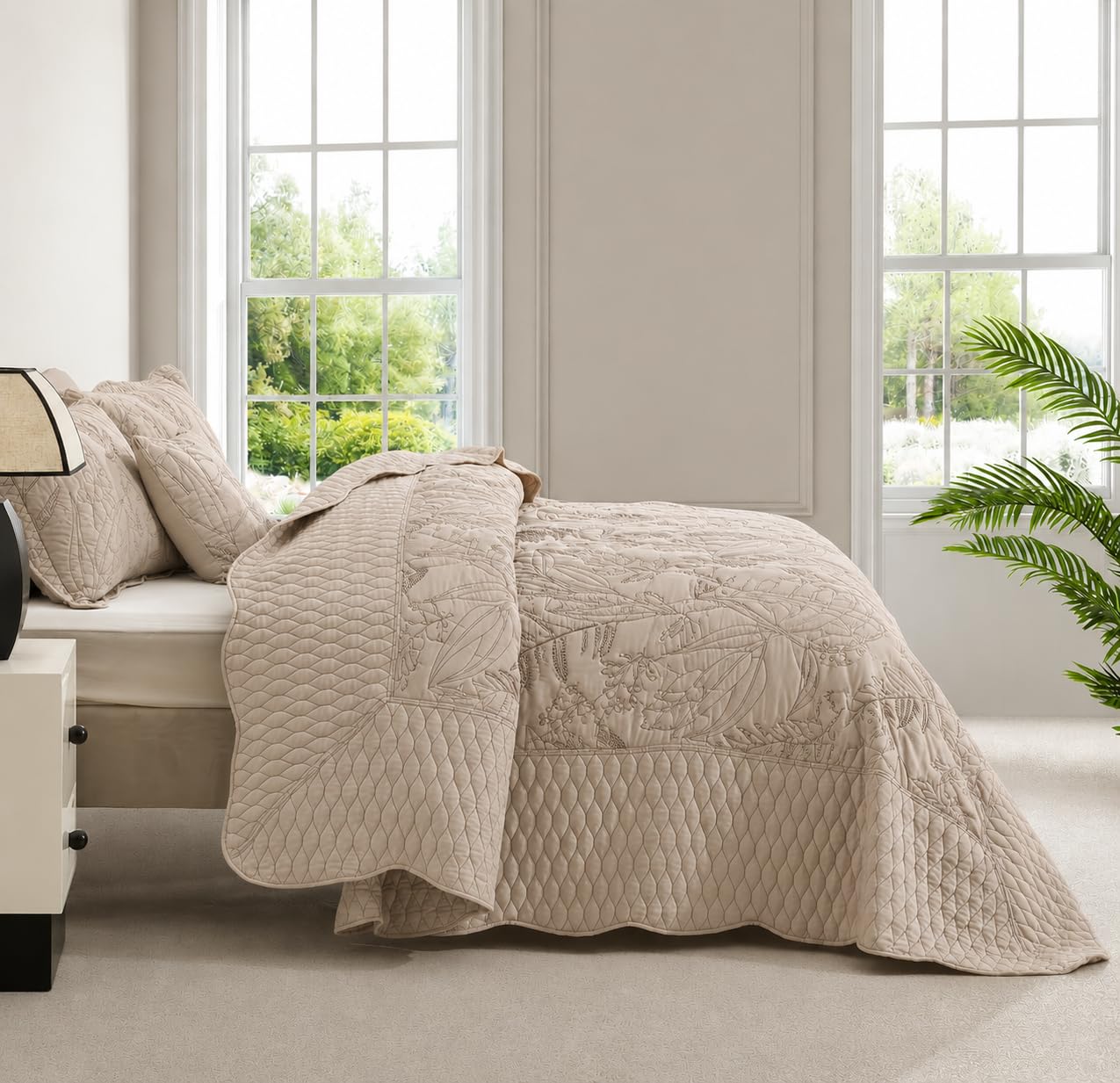 DaisyHuang Botanical Oversized Bedspread King Size - Leaves Pattern Stitching Quilt Set - Elegant & Fresh Style Bedding Coverlets, Reversible, Lightweight, 5 Piece, Taupe