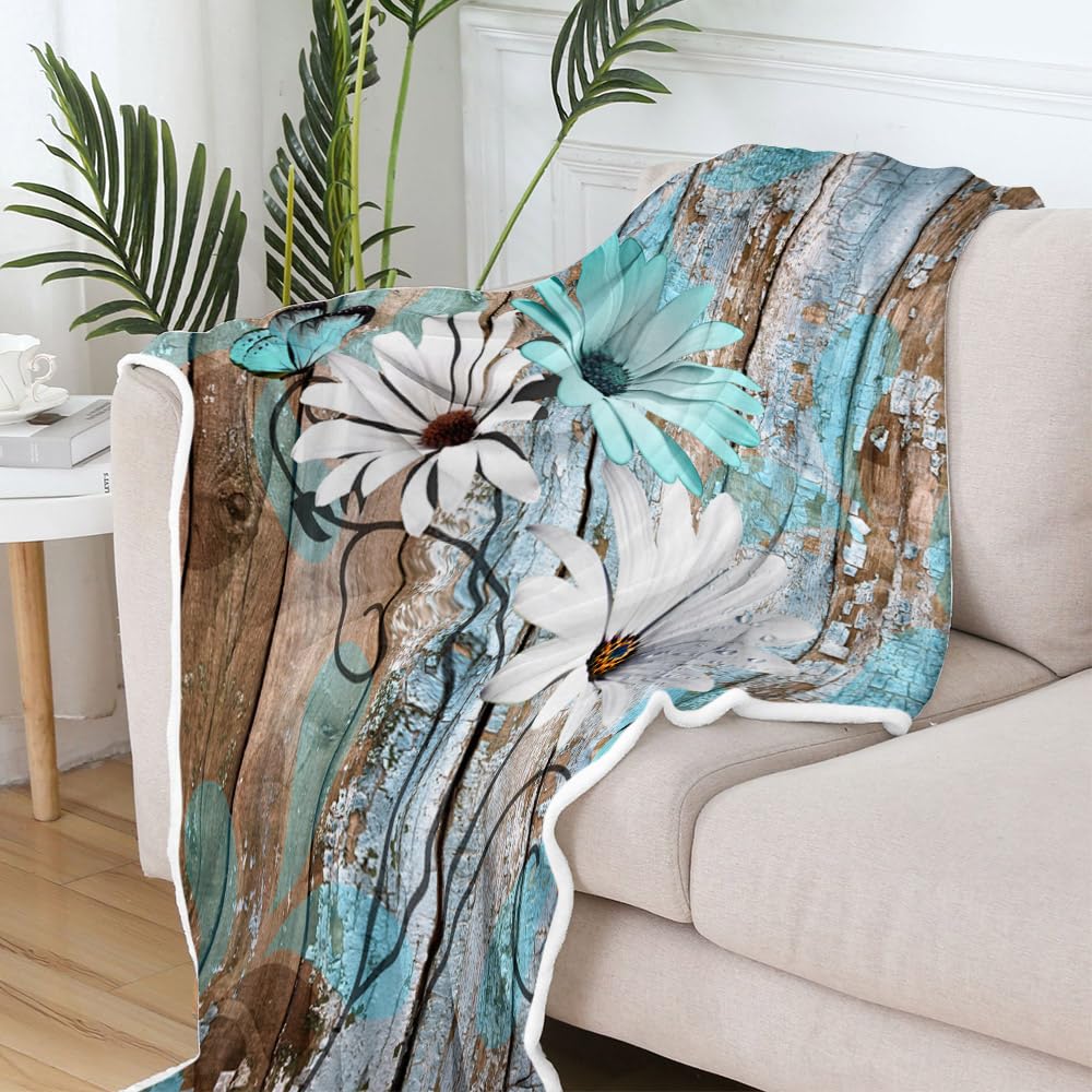 JAWO Farmhouse Flower Floral Throw Blanket, Rustic Teal Turquoise Daisy Fleece Cozy Warm Bed Couch Blanket, Country Blue Fleece Flannel Throws to Decorate the Room and Bedroom Warm Blanket 50X60IN