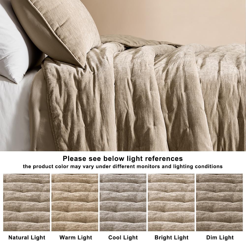 WDCOZY Chenille Velvet Queen Size Quilt Set - Beige Cloud Soft Lightweight Bedspread, Neutral Tan Farmhouse Country Rustic Coverlet, Taupe Camel Modern Bedding Warm Thin Comforter, 3 Pieces