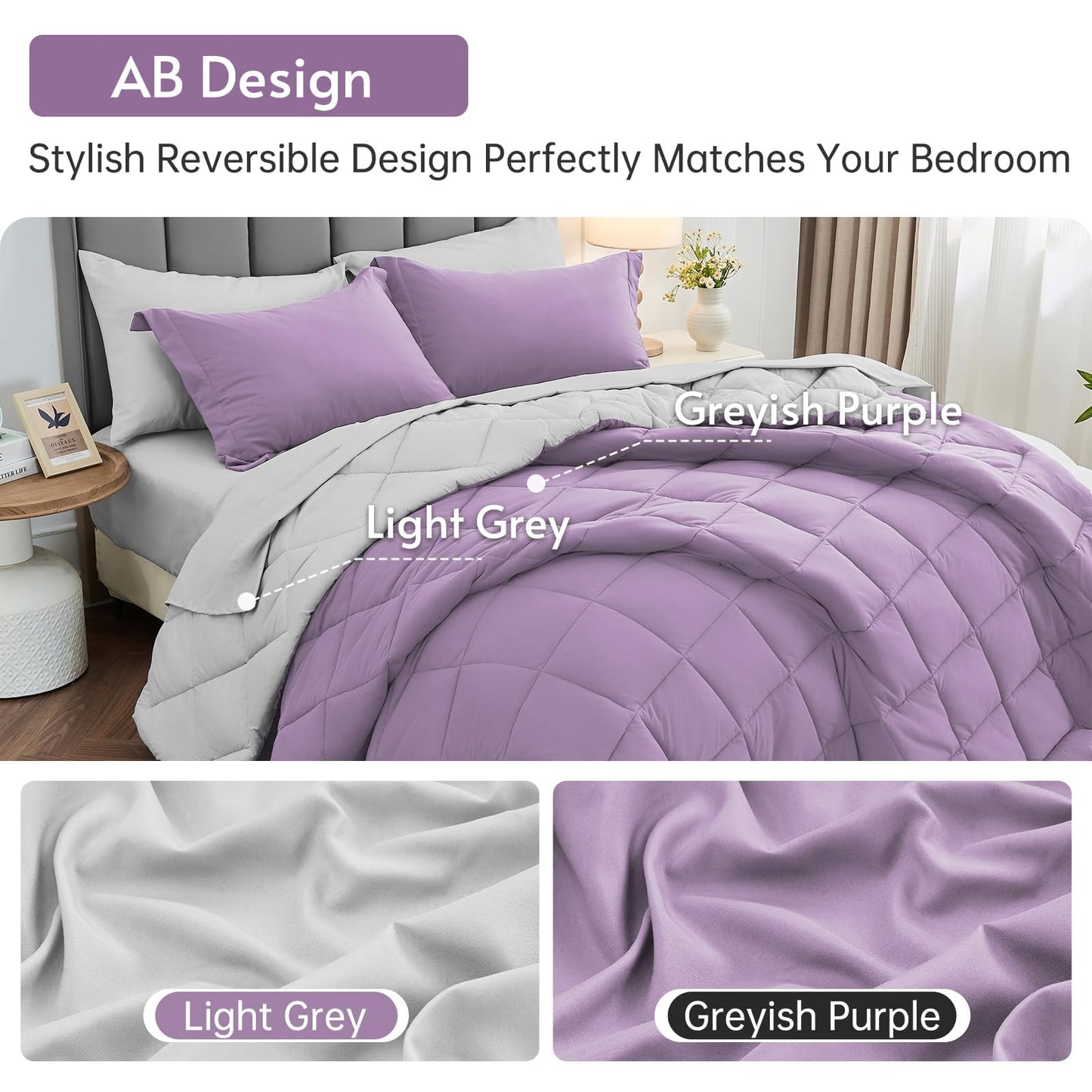 MUXHOMO 7 Pieces California King Comforter Set, Reversible Bed in a Bag Cal King Size, All Season Bedding Set with Comforter, Flat Sheet, Fitted Sheet, Pillowcases & Shams, Greyish Purple & Light Grey