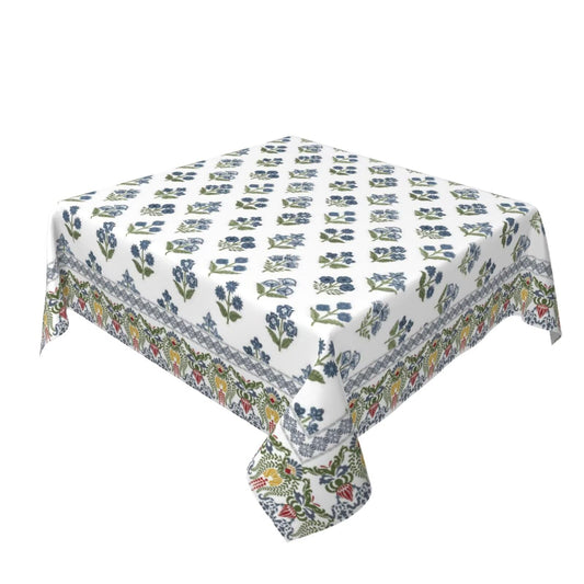 Jecuwo Blue Green Block Floral Square Tablecloth 60 Inch Vintage Floral Spring Pattern Table Cover Rustic Block Print Washable Decoration for Indoor and Outdoor Dining Table Home Party Decor
